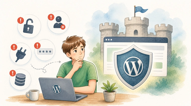 A watercolor comic-style illustration depicting common WordPress security mistakes