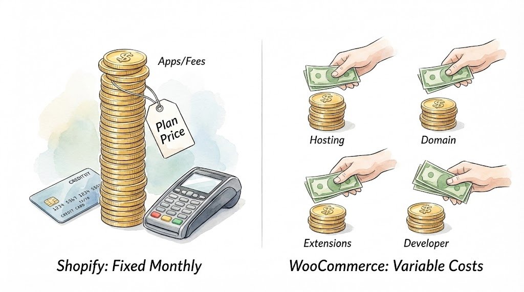 Watercolor illustration comparing Shopify’s fixed monthly plan stack with WooCommerce’s modular costs for hosting, domains, and extensions.