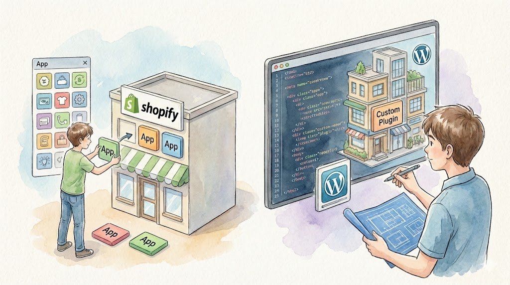 Senior developer illustration contrasting Shopify’s app-based building blocks with WooCommerce’s unlimited custom code and plugin architecture.