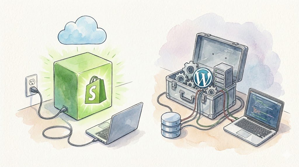 Hand-drawn comparison of Shopify as a hosted service versus WooCommerce as a self-hosted developer toolbox with servers and code.