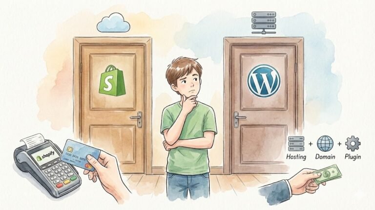Watercolor comic illustration showing a developer deciding between Shopify and WooCommerce platforms for a business.